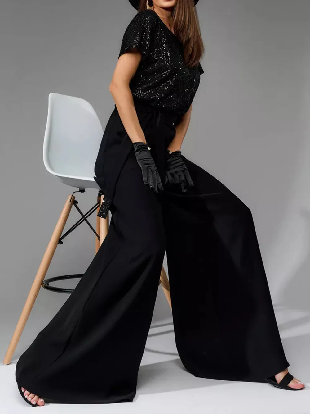 Sequin Round Neck Short Sleeve Jumpsuit, Plus Size