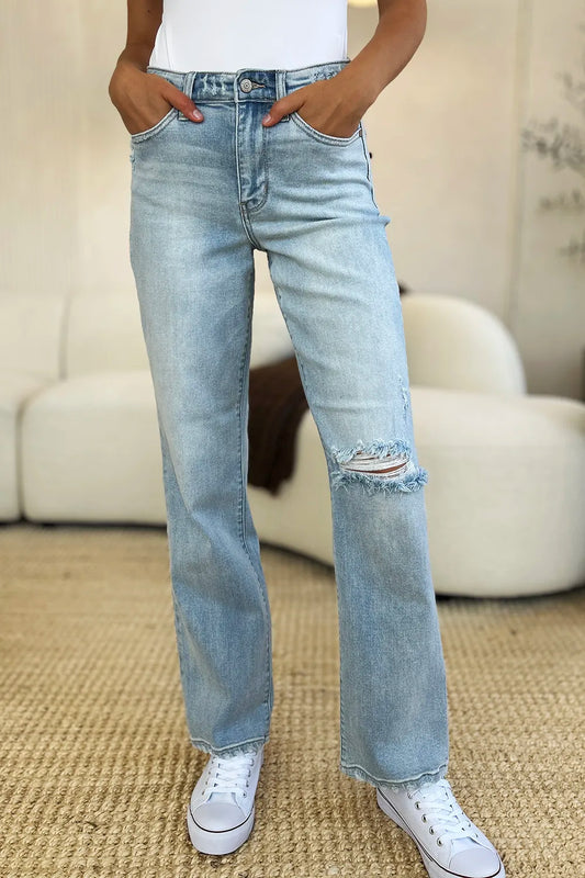 Judy Blue High Waist Distressed Straight Jeans in Light
