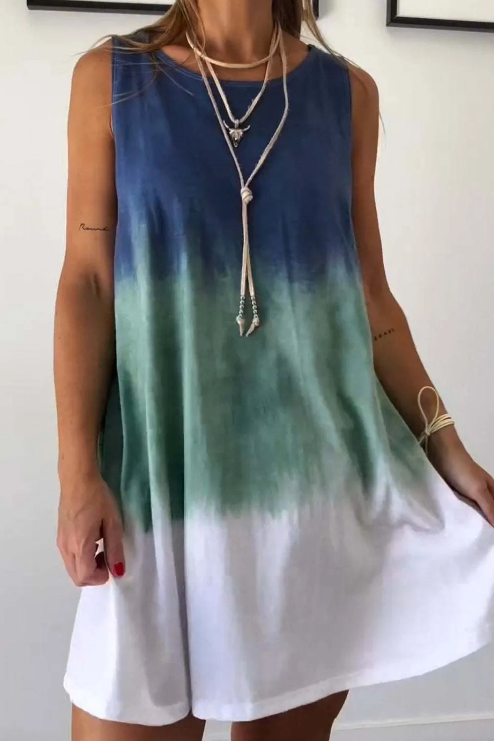 Tie-Dye Sleeveless Mini Tank Dress in Camel