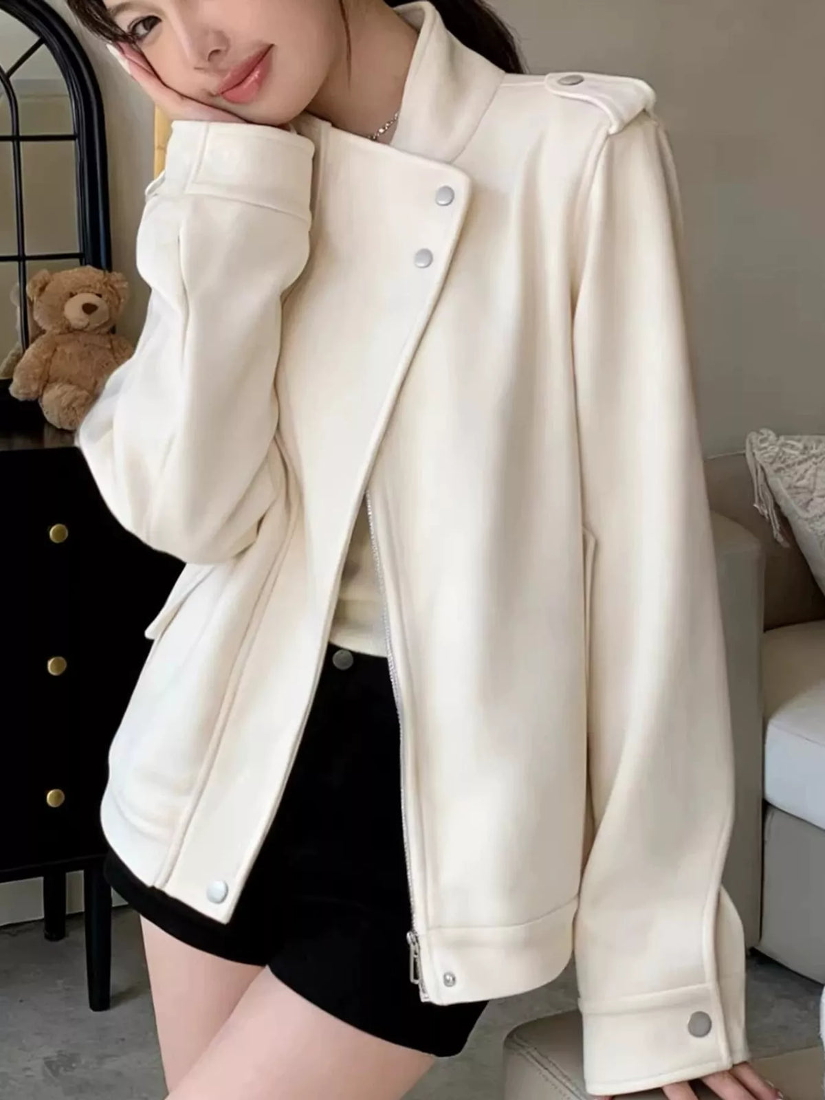 Asymmetric Zip-Up Jacket in Off-White