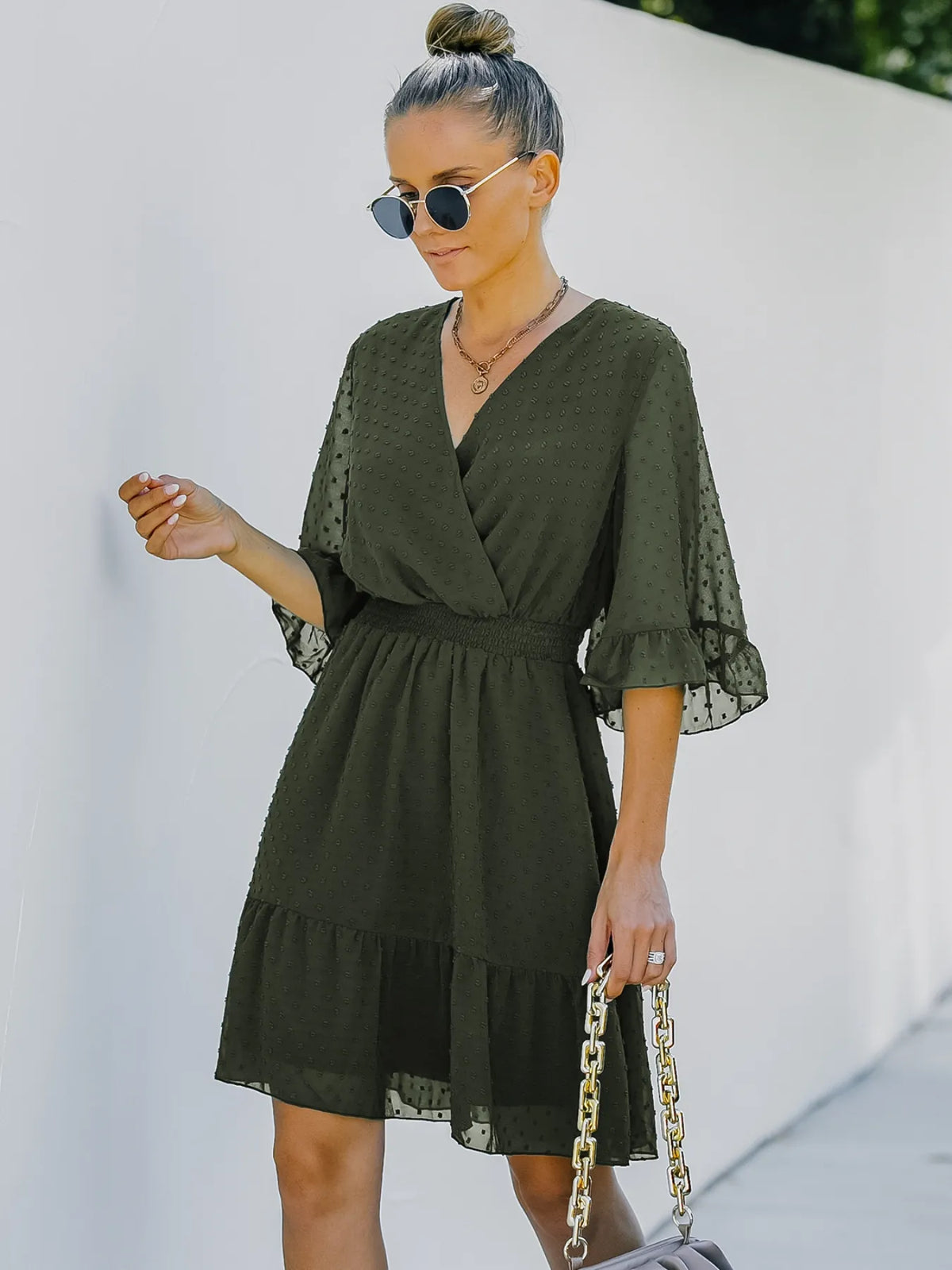 Swiss Dot Flare Sleeve Wrap Dress in Light Blue by Elaine