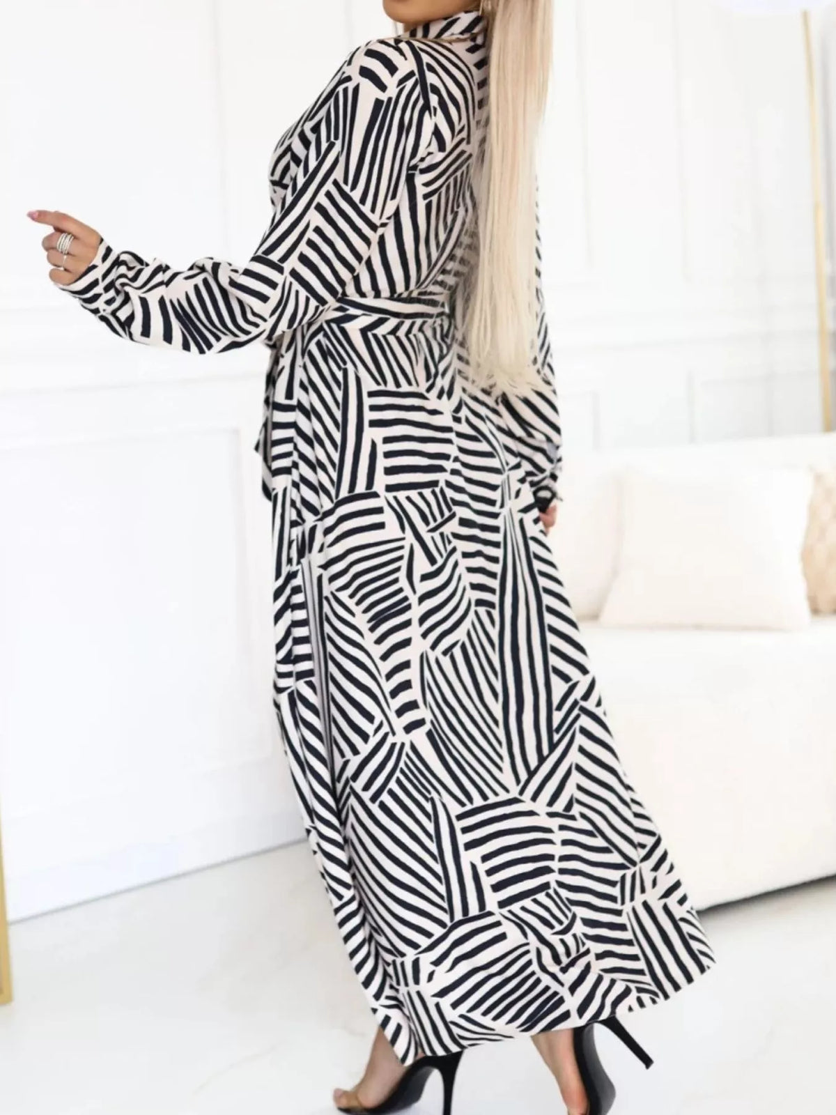 Belted Geometric Print Maxi Shirt Dress in Zebra