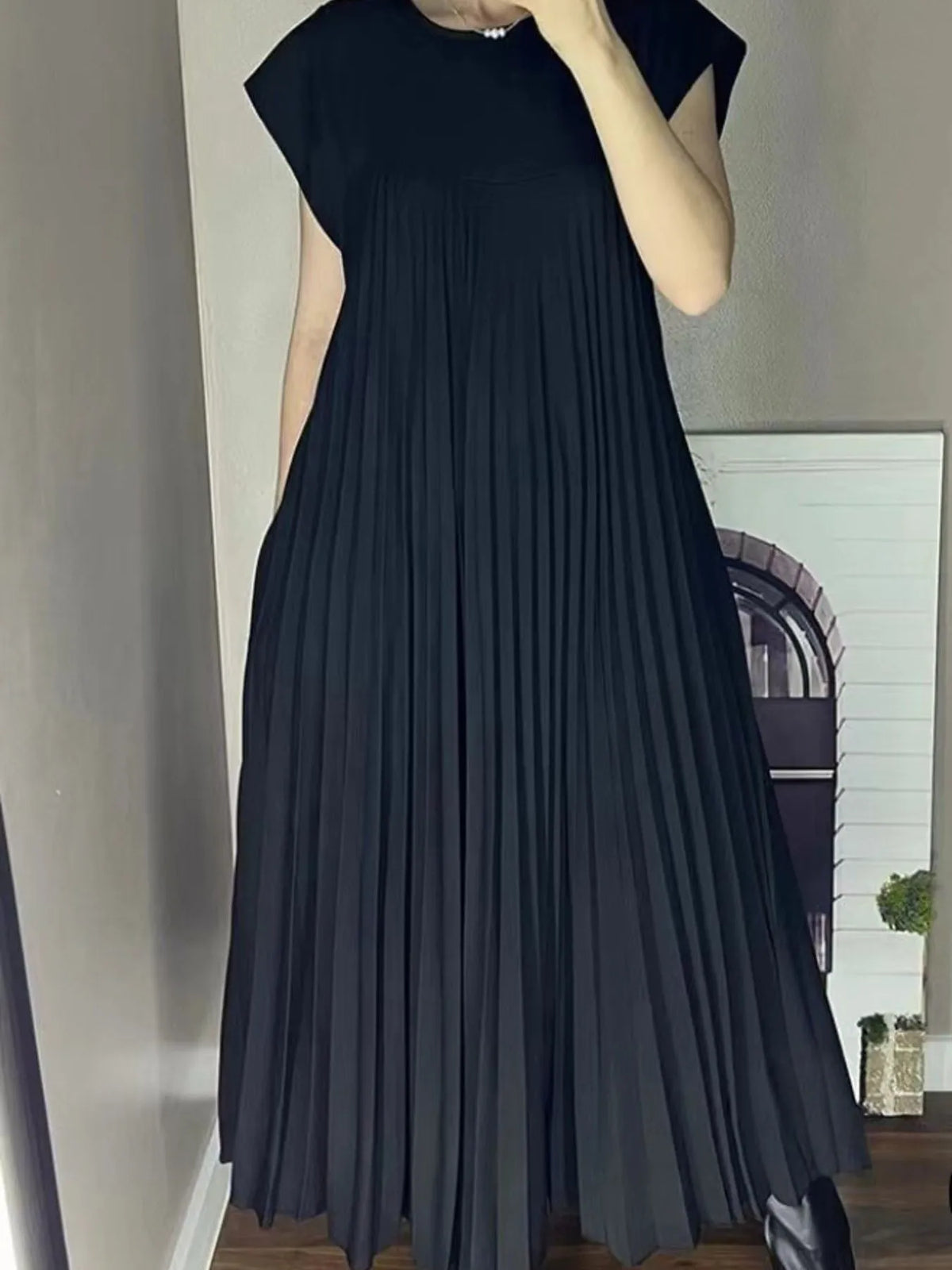 Pleated Round-Neck Maxi Dress with Pockets, Plus Size by Rosaline