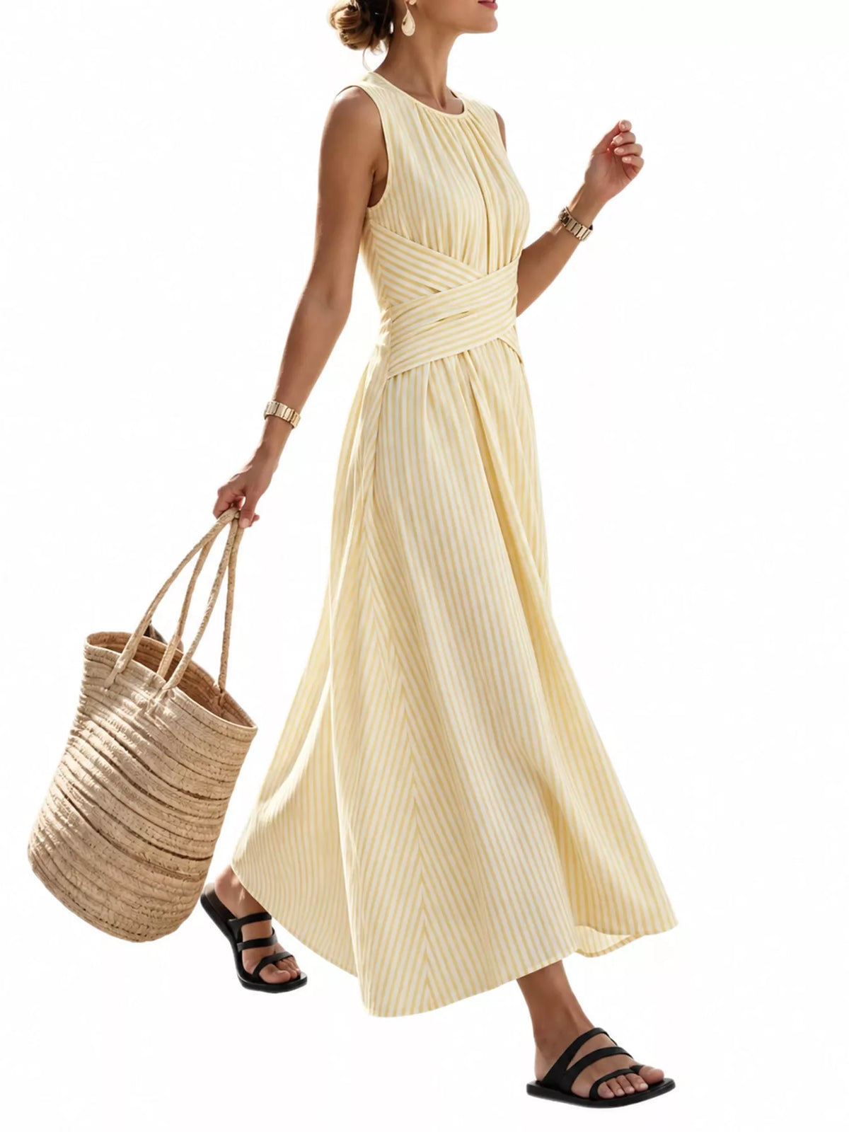Sleeveless Striped Maxi Dress with Criss-Cross Waist