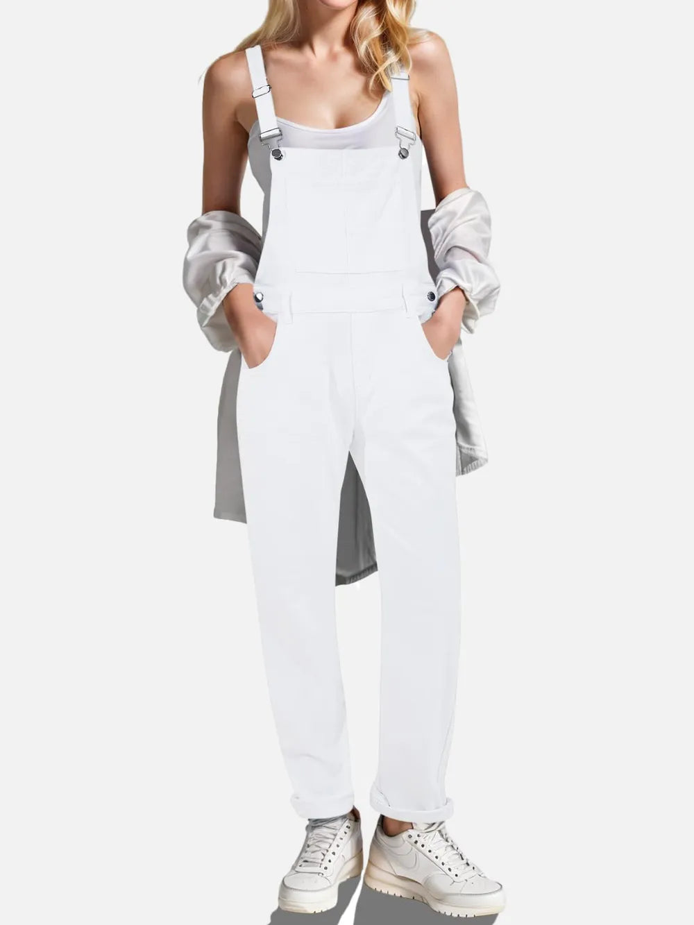 Crisscross Square Neck Denim Overalls in White by Dreamy Drapes