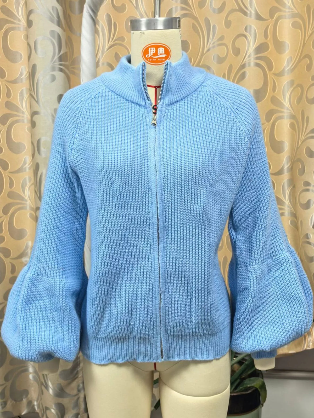 Ribbed Knit Zip-Up Cardigan with Lantern Sleeves