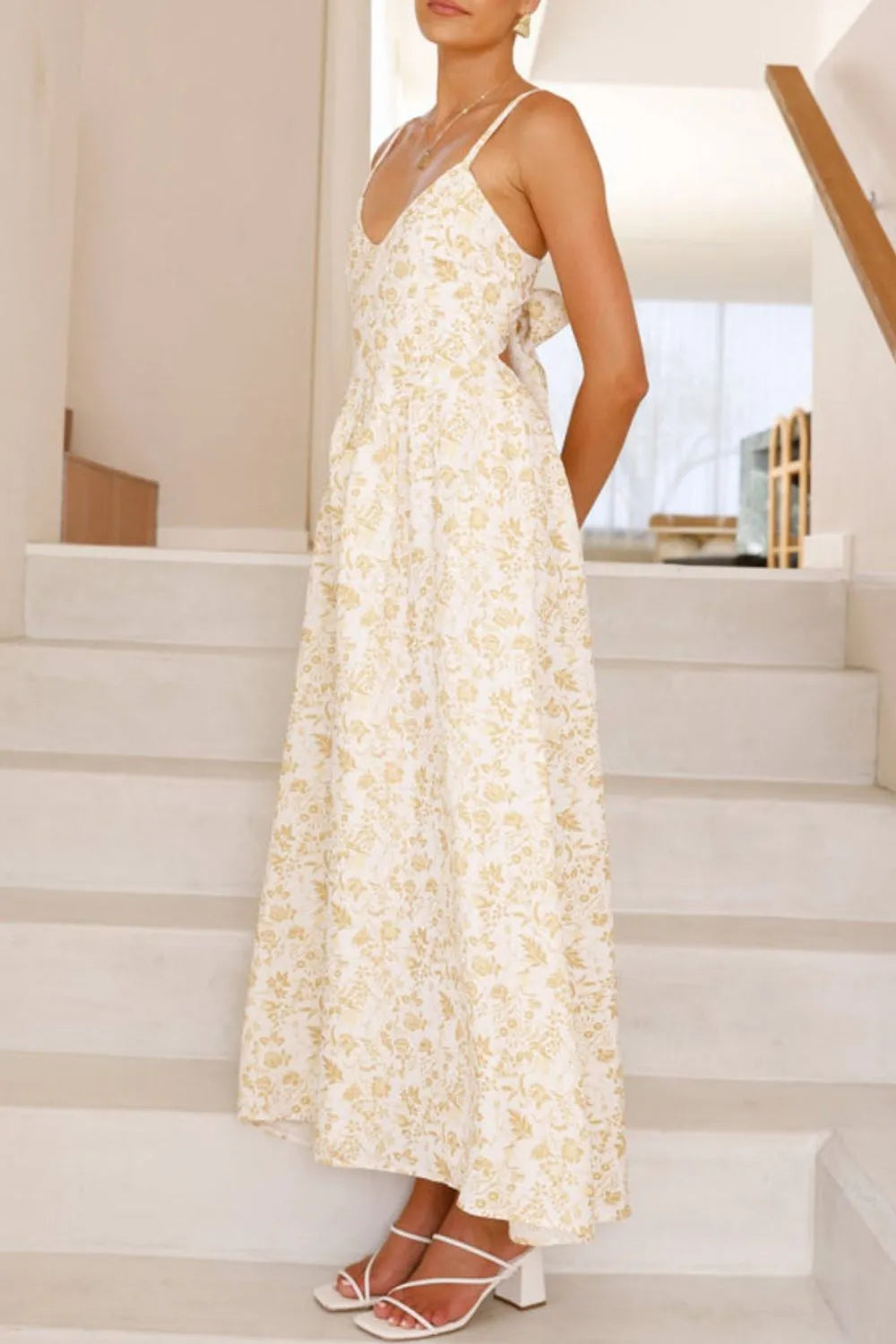 Bow Back Printed V-Neck Cami Dress