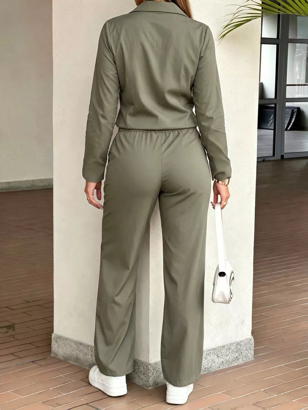 Button Front Drawstring Waist Jumpsuit in Army Green