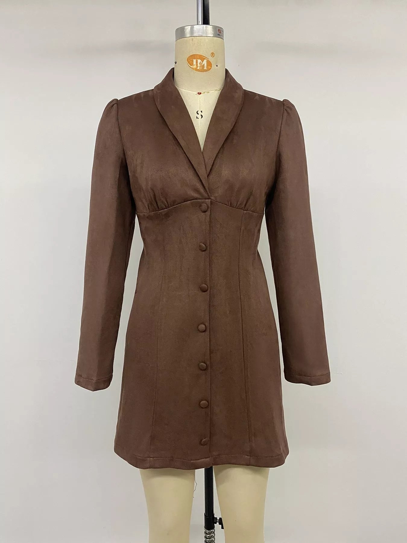 Button-Front Long Sleeve Blazer Dress in Coffee Brown