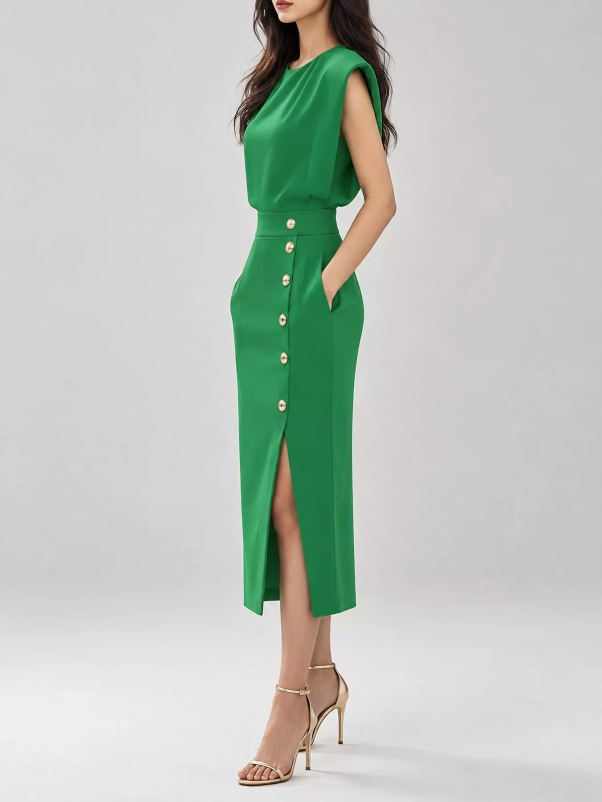 Sleeveless Midi Dress with Gold Button Detail