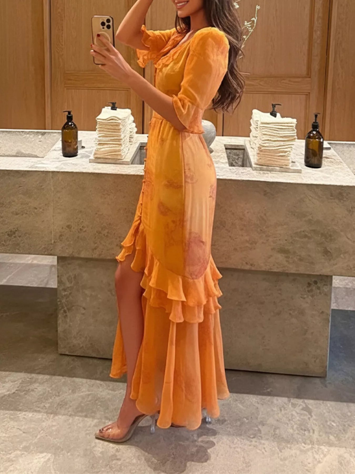 Ruffled Button-Front Half Sleeve Dress