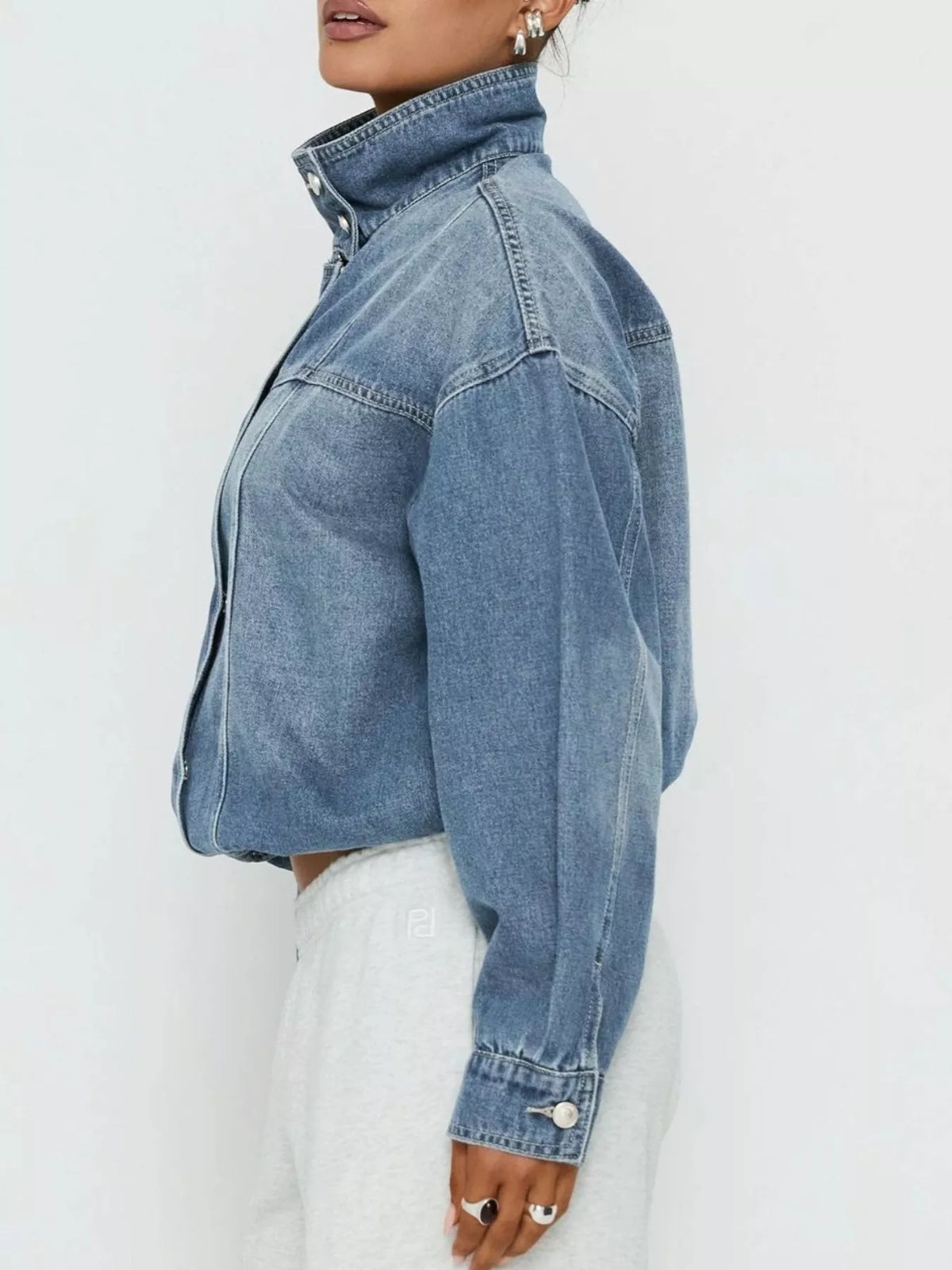 Washed Stand-Up Collar Denim Jacket in Blue