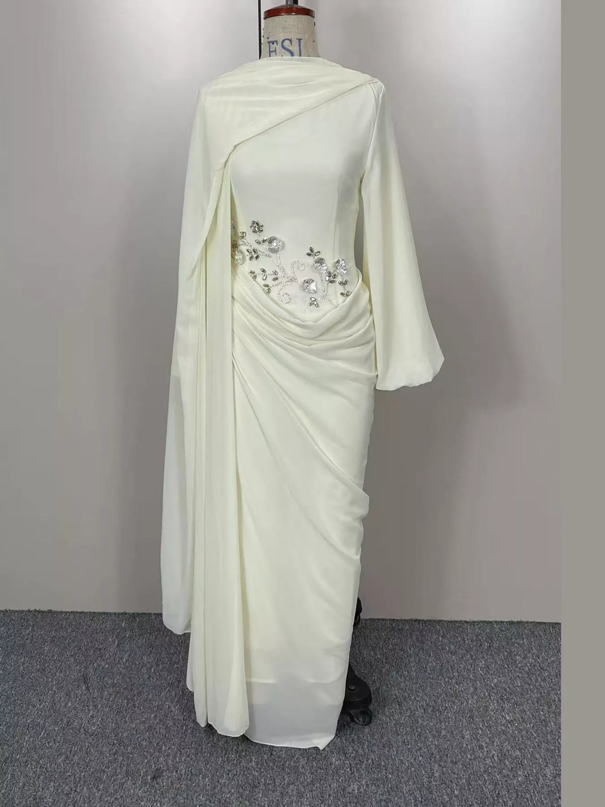Long-Sleeve Rhinestone Ruched Maxi Evening Dress