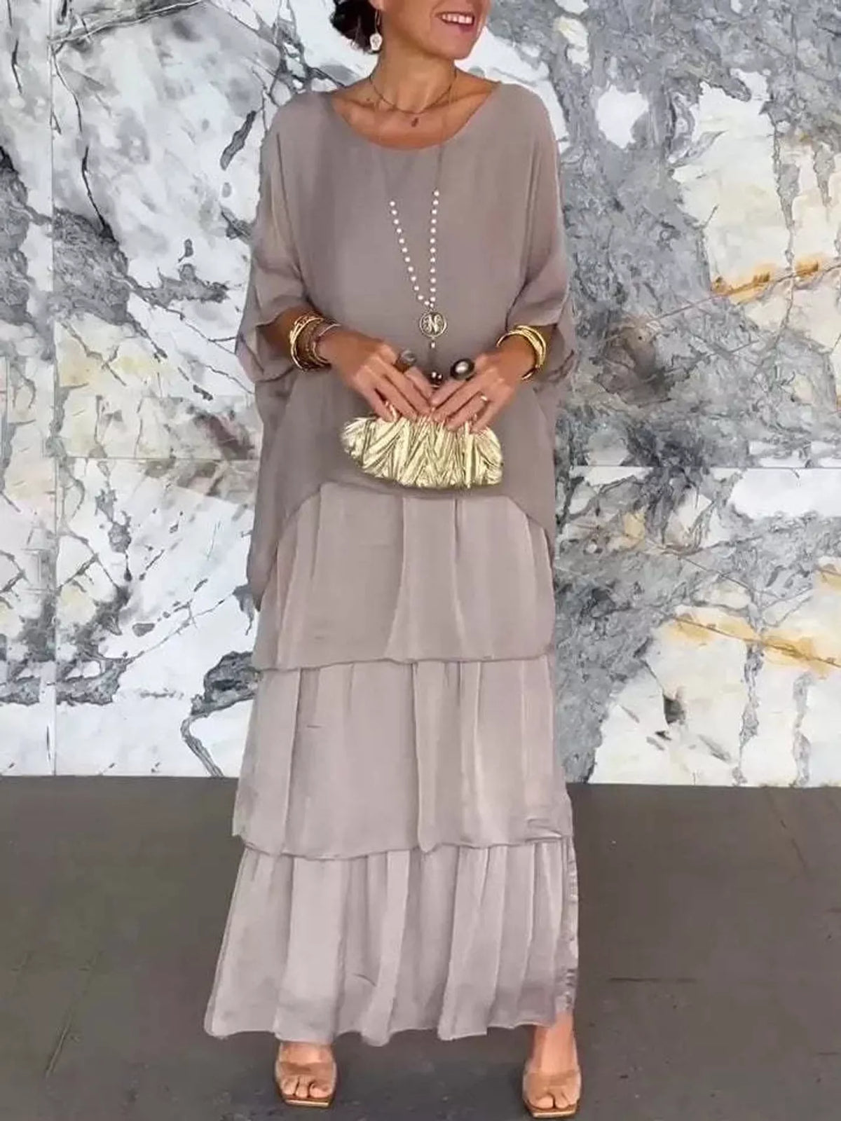 Layered Batwing-Sleeve Tiered Maxi Dress