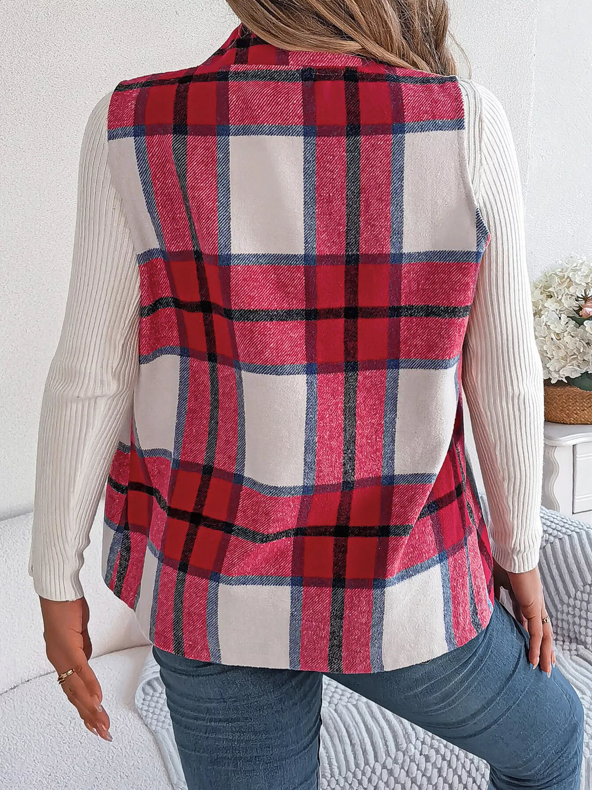 Plaid Open-Front Vest by Clise