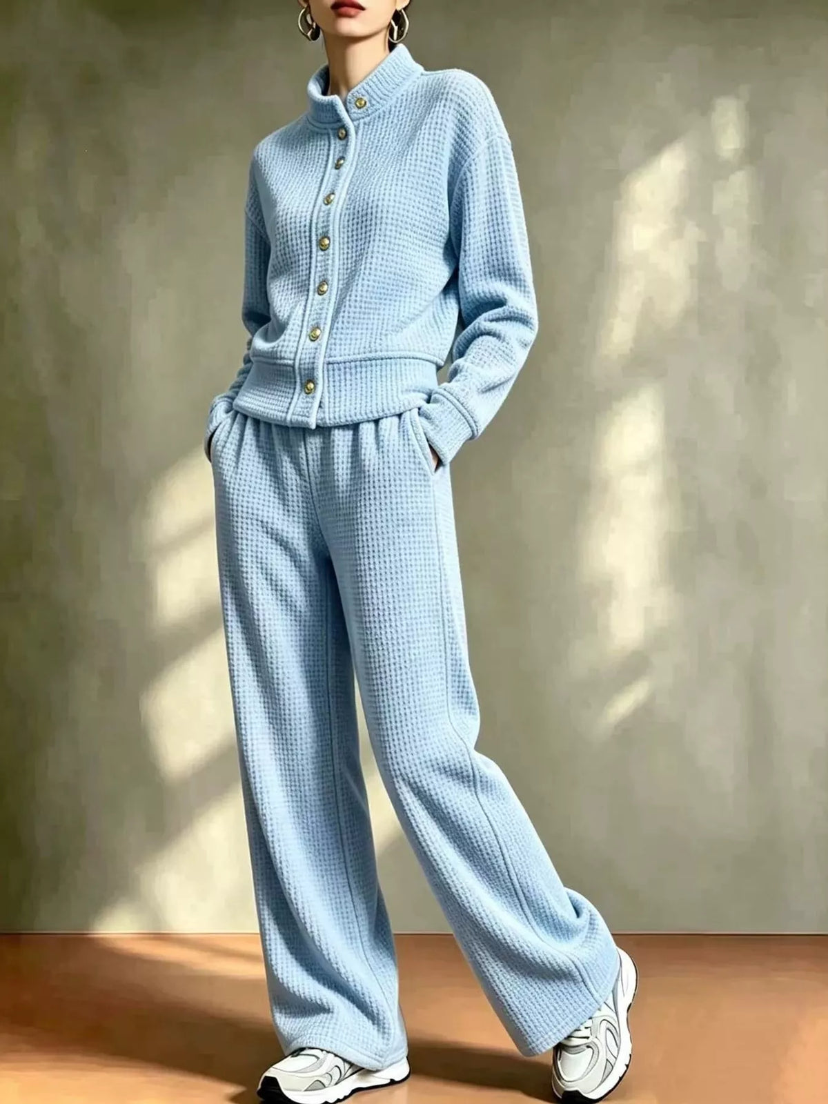 Waffle Knit Button-Up and Wide-Leg Pants Set