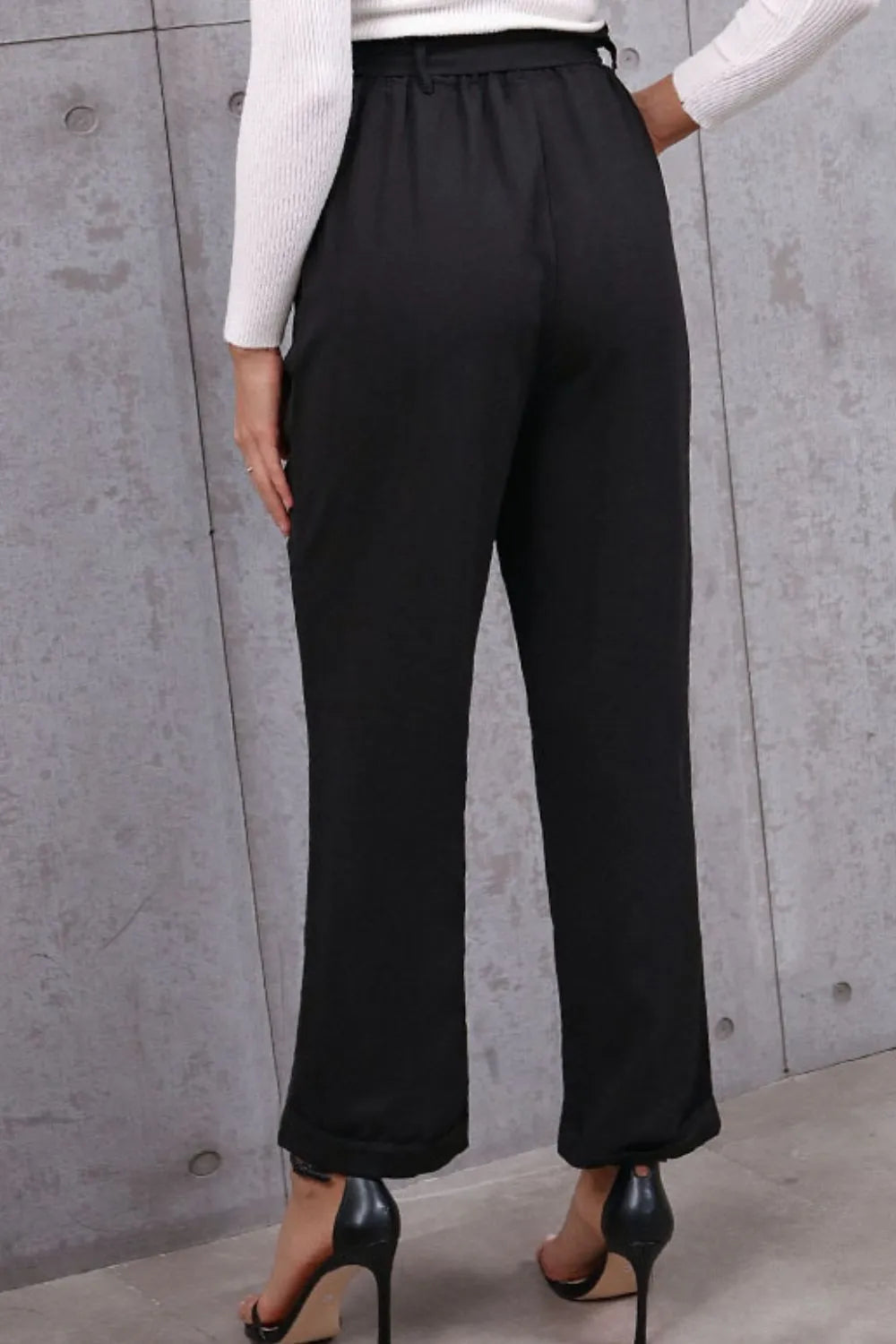 Belted Paperbag Waist Pants in Black