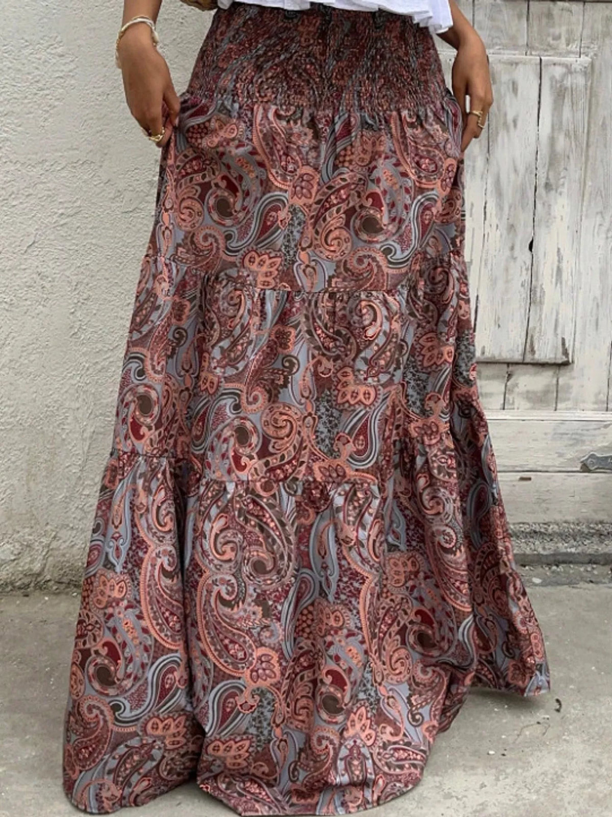 Paisley Print Tiered Maxi Skirt