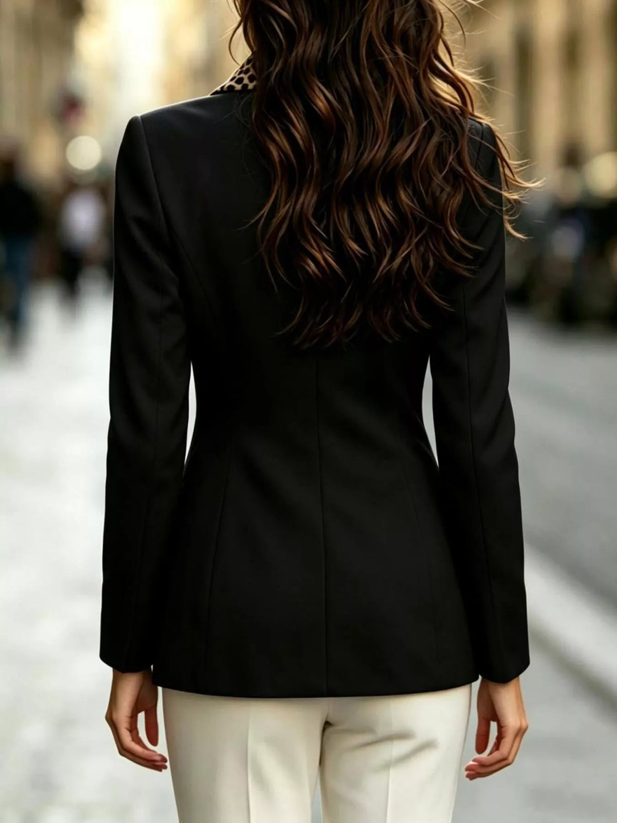 Double-Breasted Blazer with Leopard Print Lapel