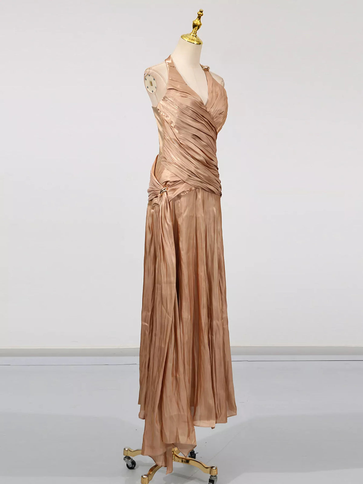 Ruched Halter Maxi Dress in Champagne