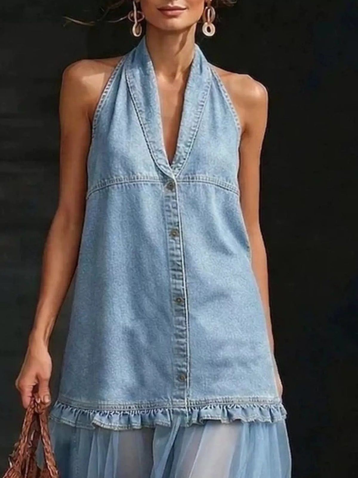 Ruffle Hem Sheer Tulle Denim Dress