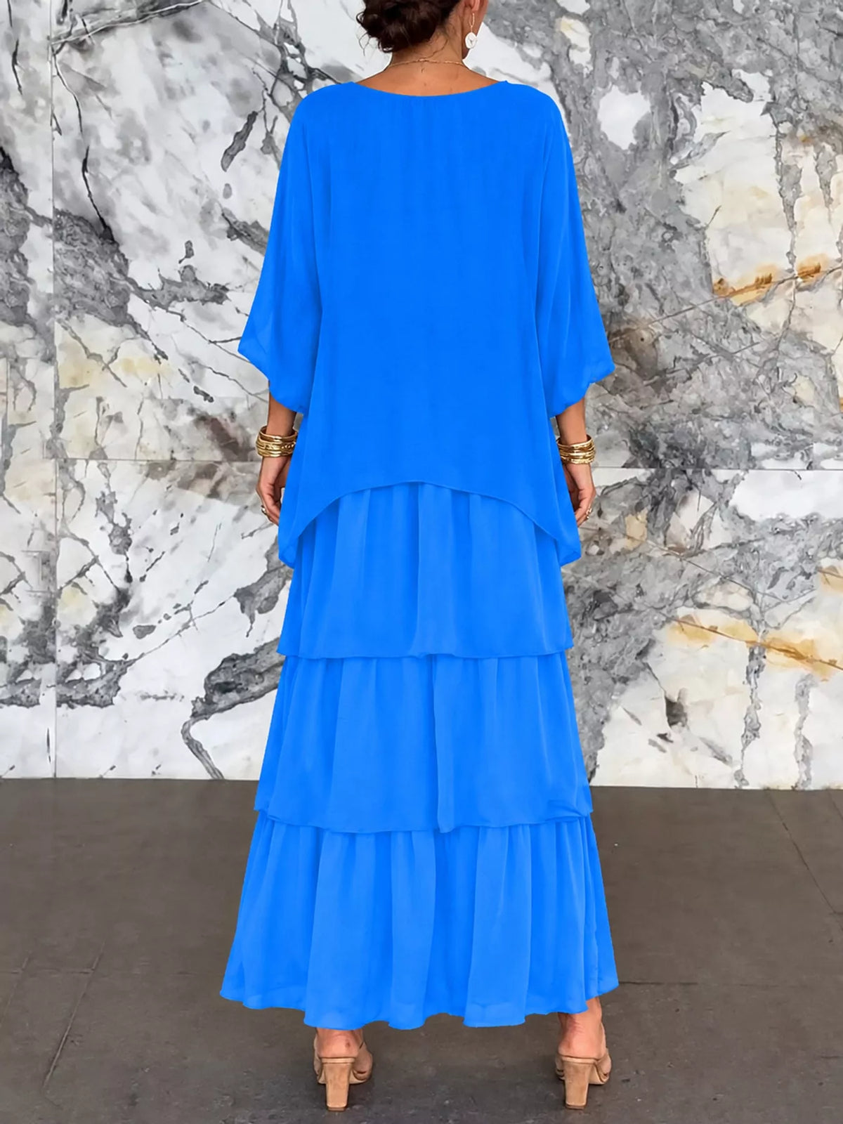 Layered Batwing-Sleeve Tiered Maxi Dress