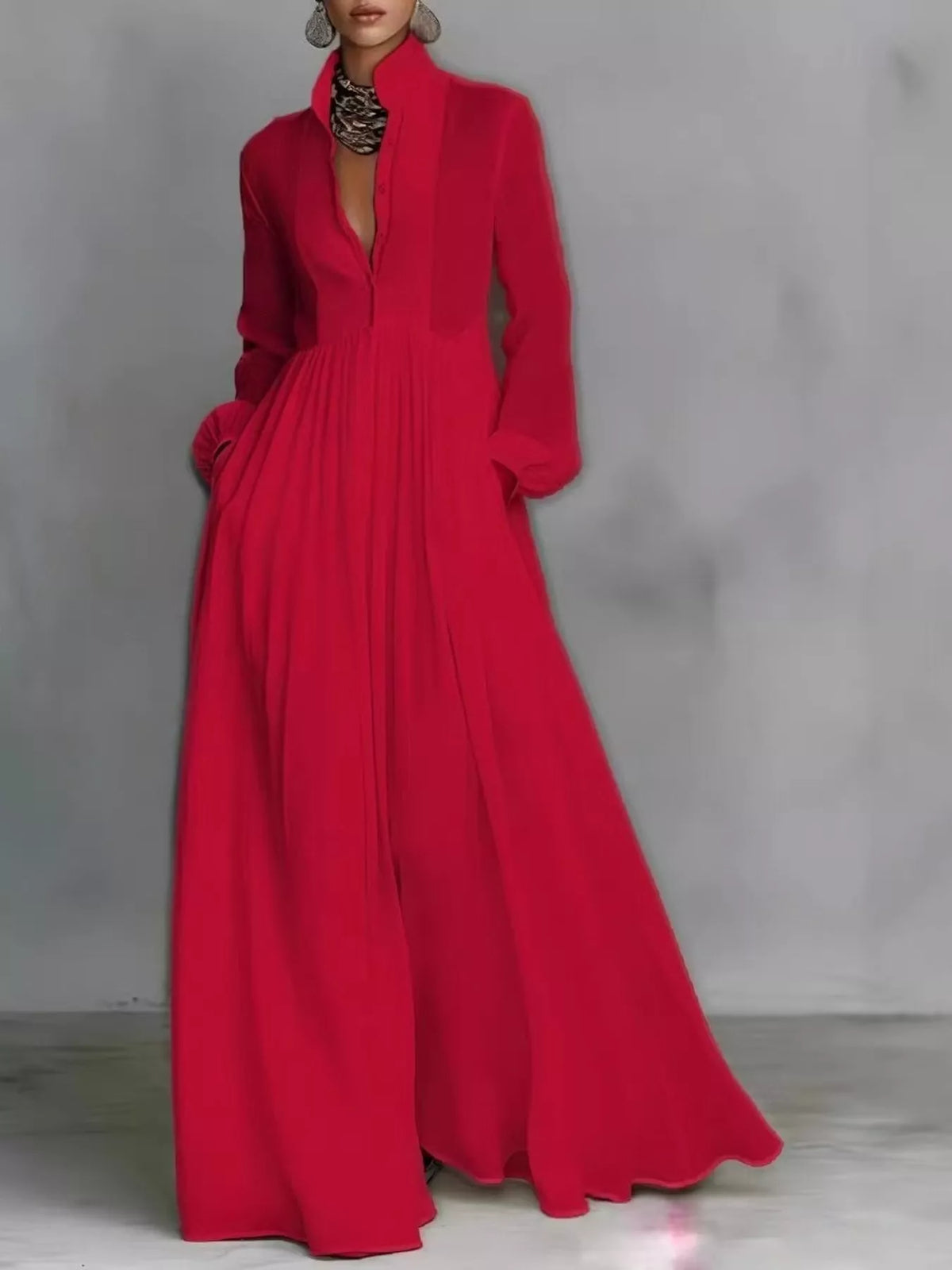 Long-Sleeve Button Front Maxi Dress