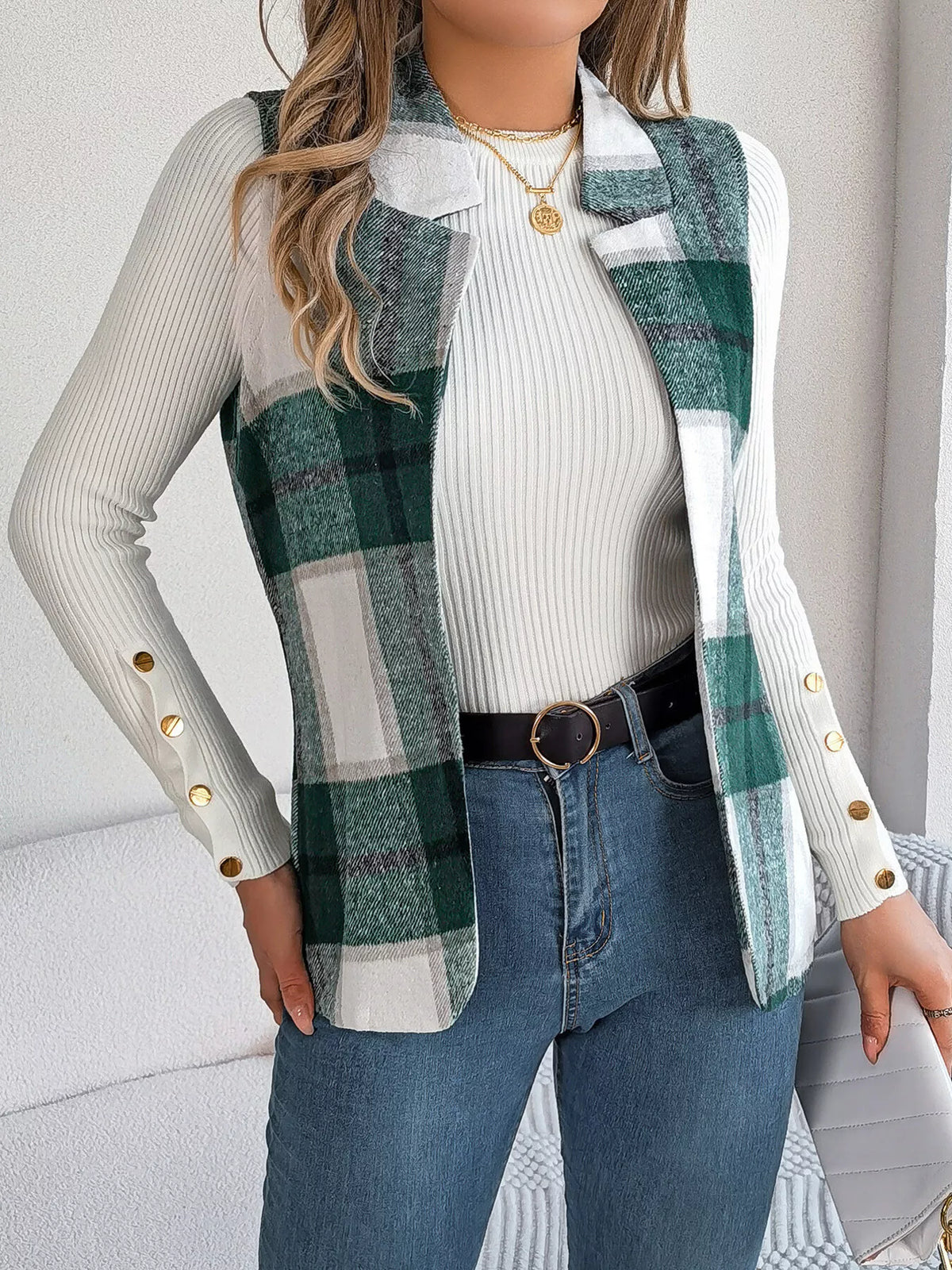 Plaid Open-Front Vest by Clise