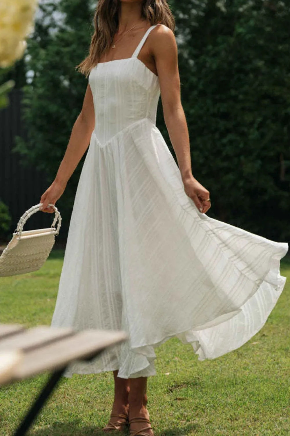 Square Neck Midi Cami Dress in White