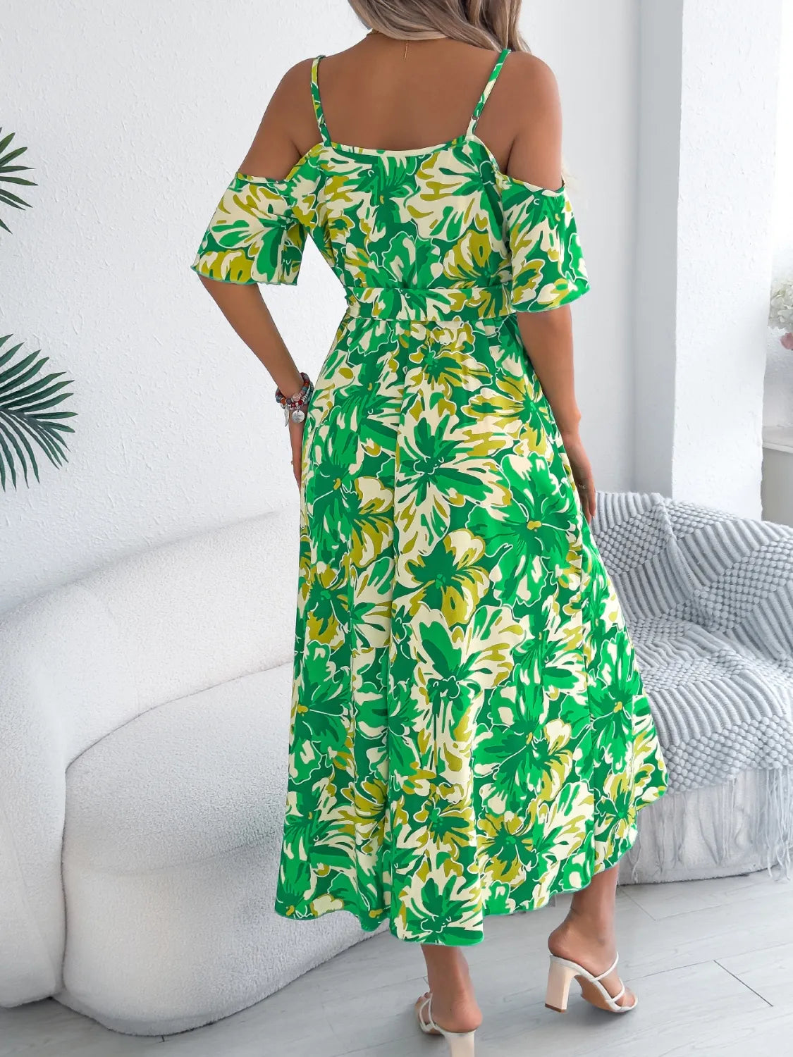 Printed Cold-Shoulder Midi Cami Dress