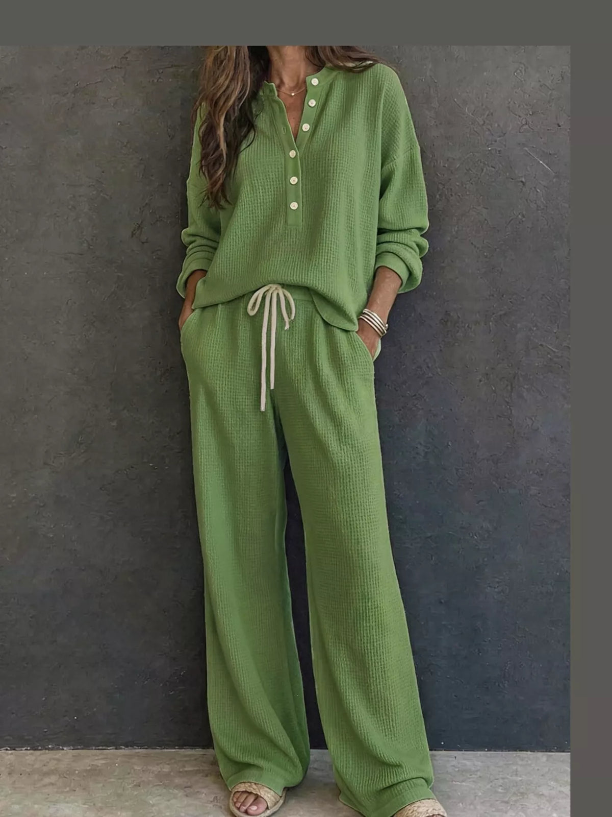 Waffle Knit Button Detail Top and Pants Set