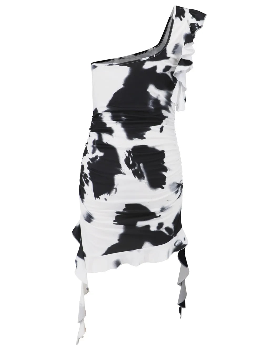 Ruffled Tie-Dye Single-Shoulder Mini Dress