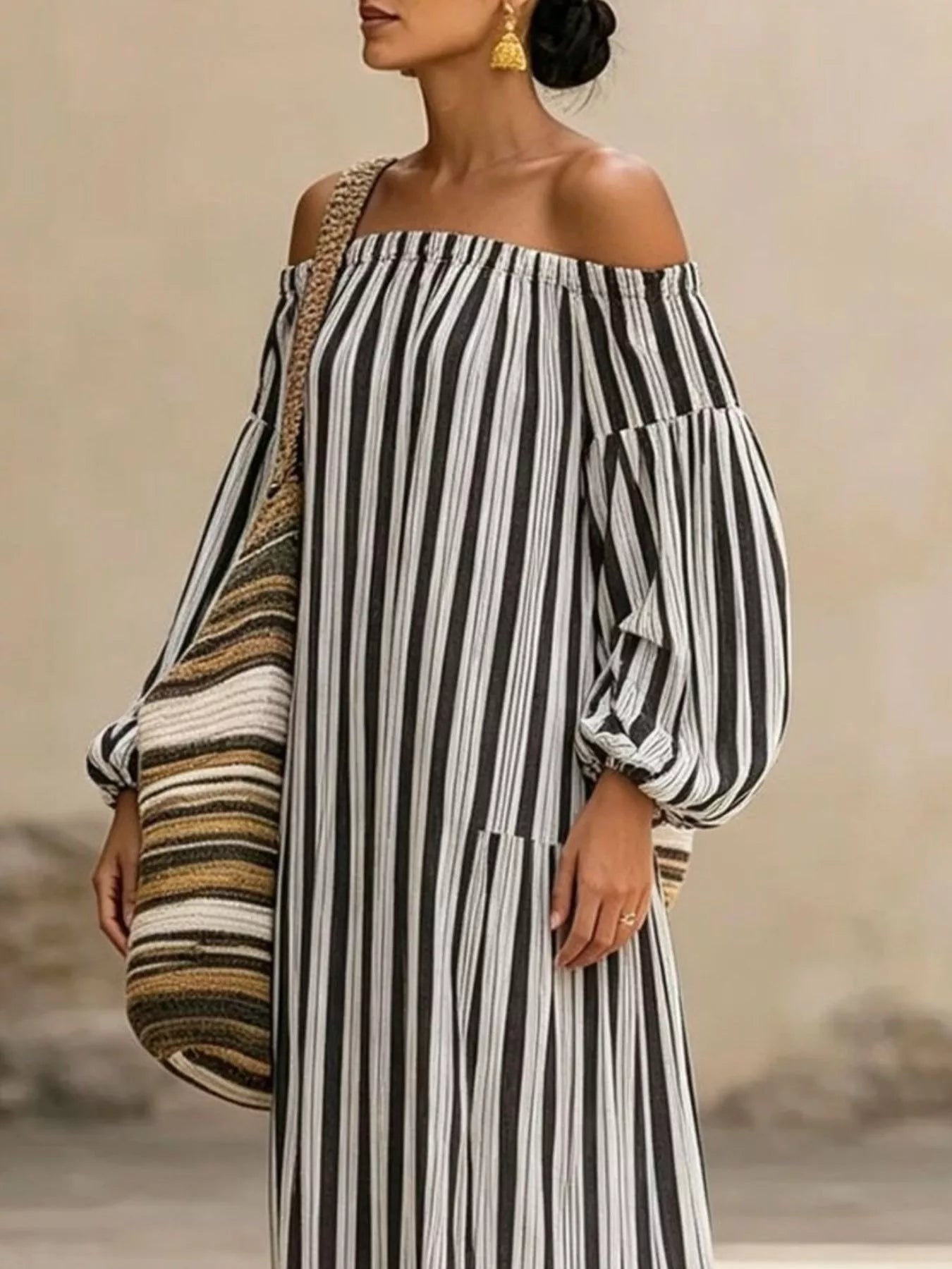 Striped Off-Shoulder Maxi Dress