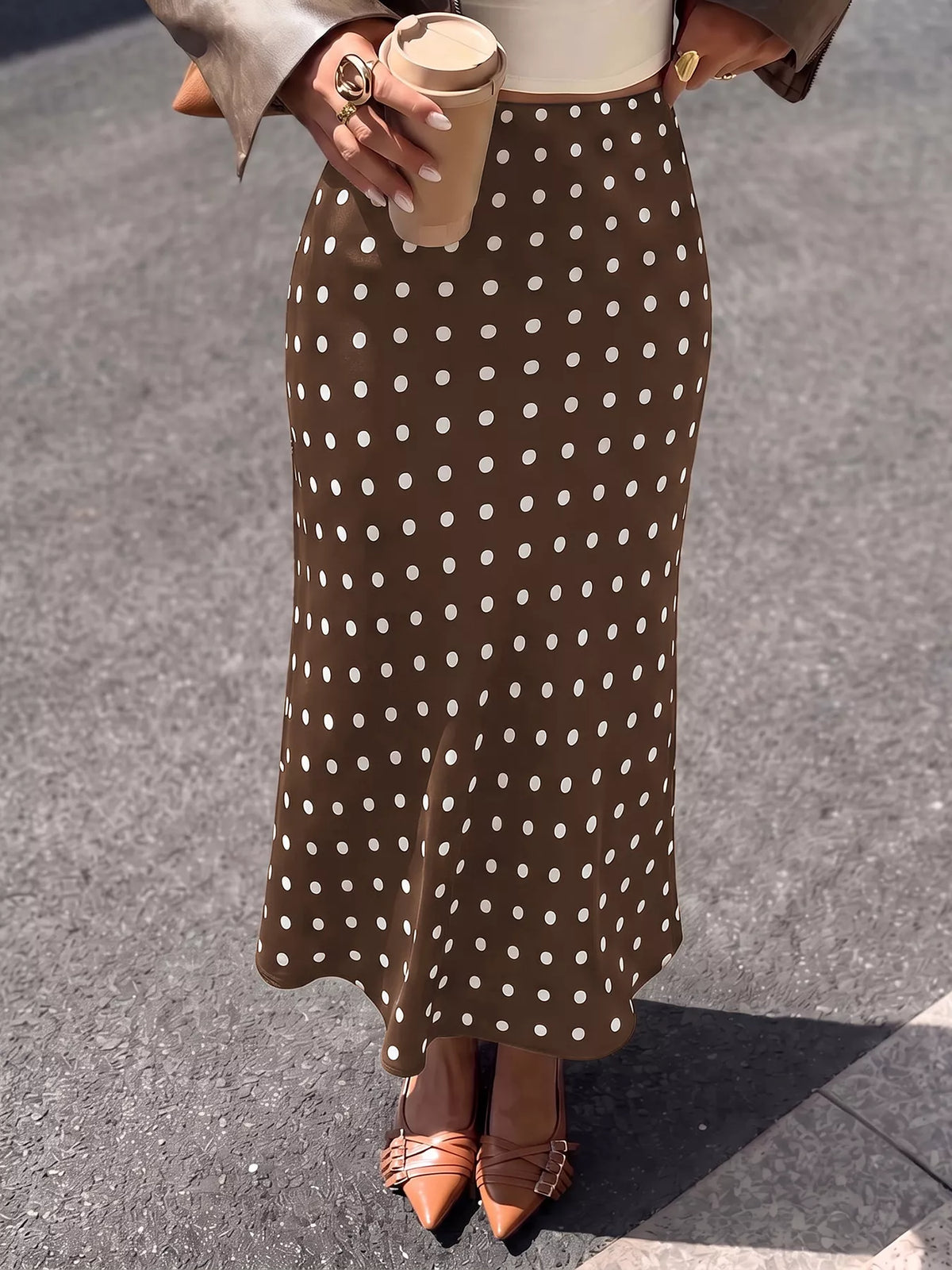 Polka Dot Midi Skirt in Brown