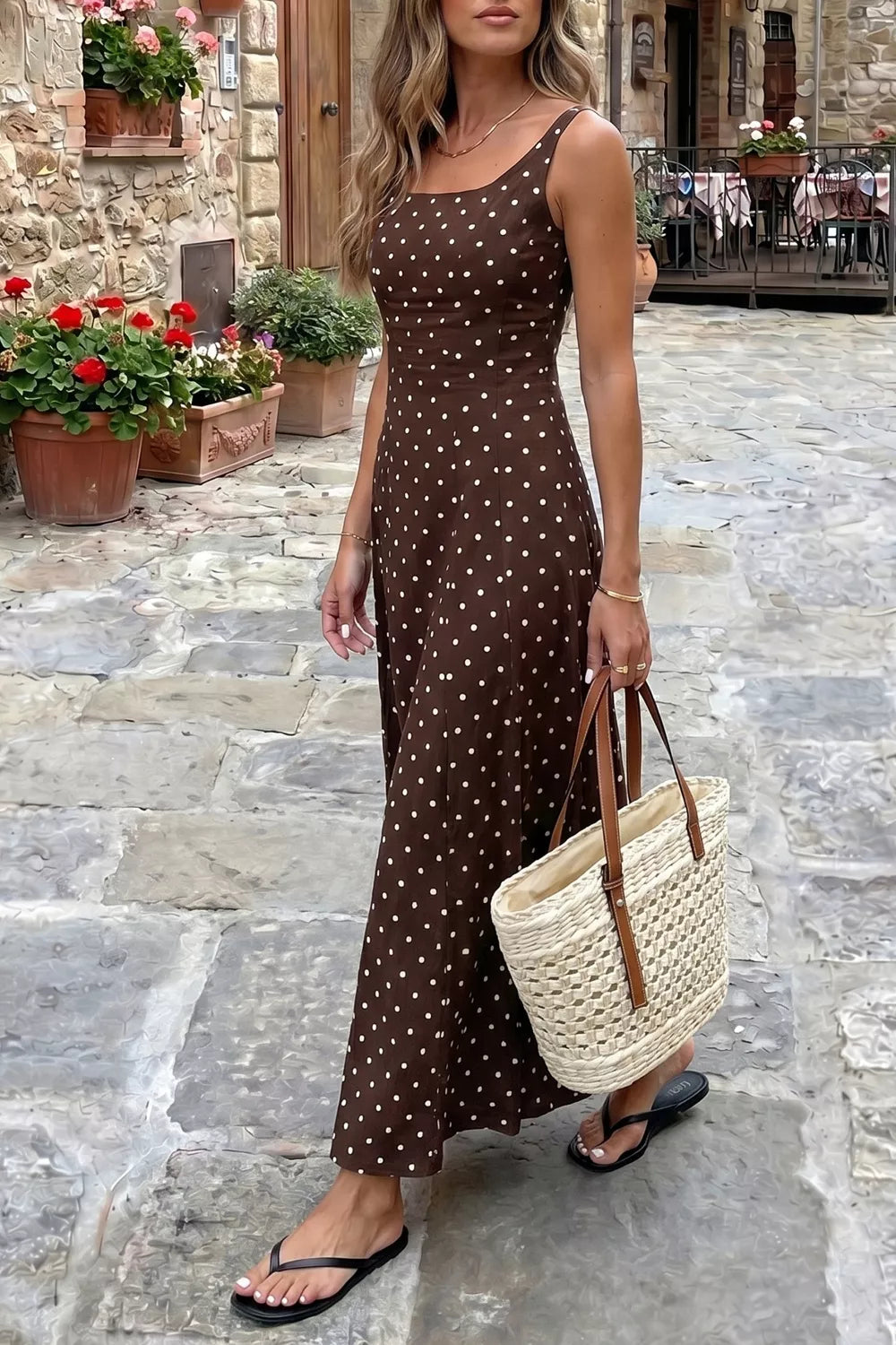 Polka Dot Square Neck Maxi Dress in Coffee Brown