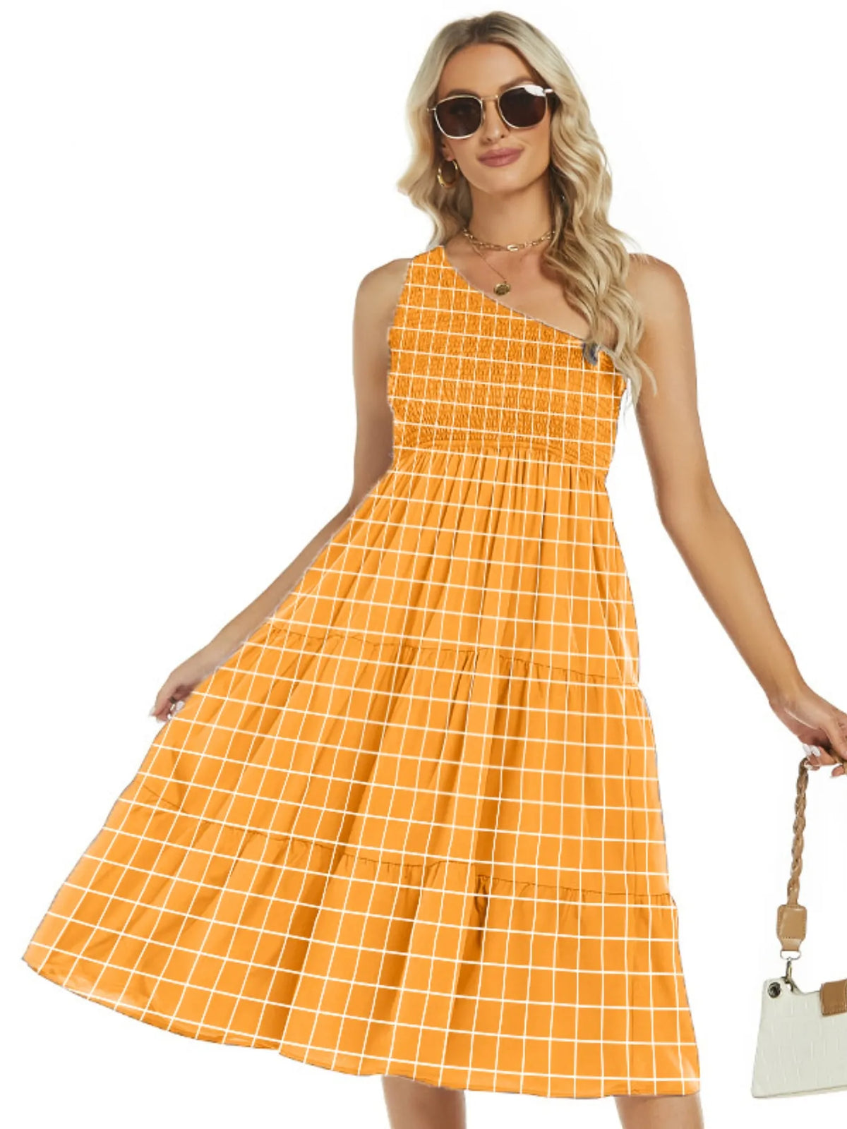 One-Shoulder Smocked Tiered Midi Dress by ArtisticExpression