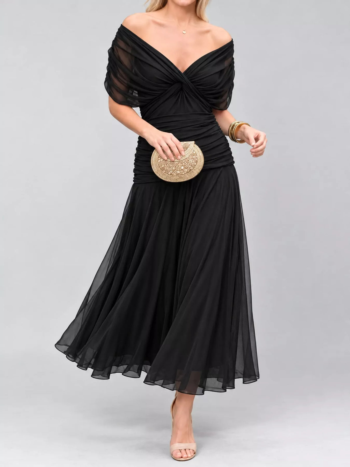Off-Shoulder Mesh Ruched Maxi Dress, Plus Size