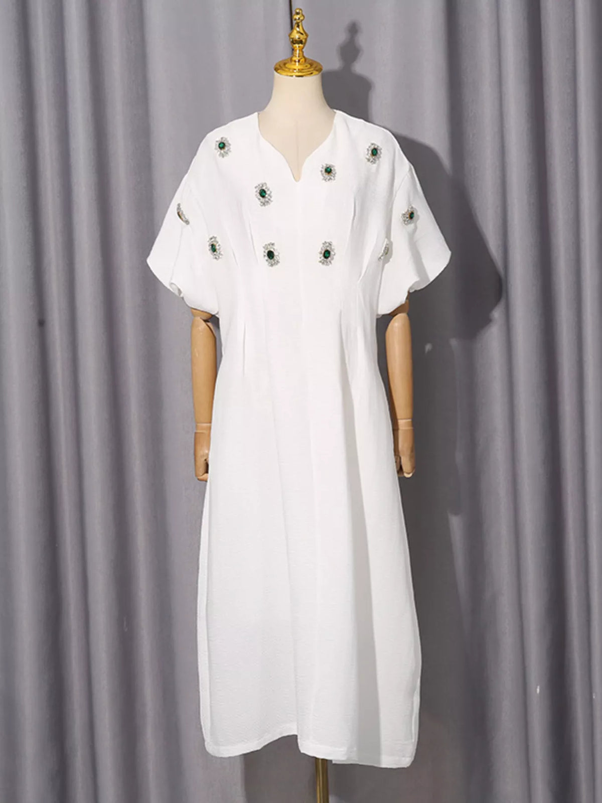 Rhinestone Embellished Puff Sleeve Midi Dress