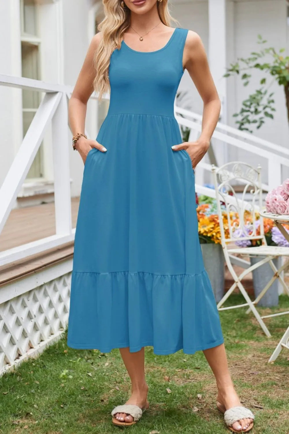 Round Neck Wide Strap Tank Dress by Gen Beauty