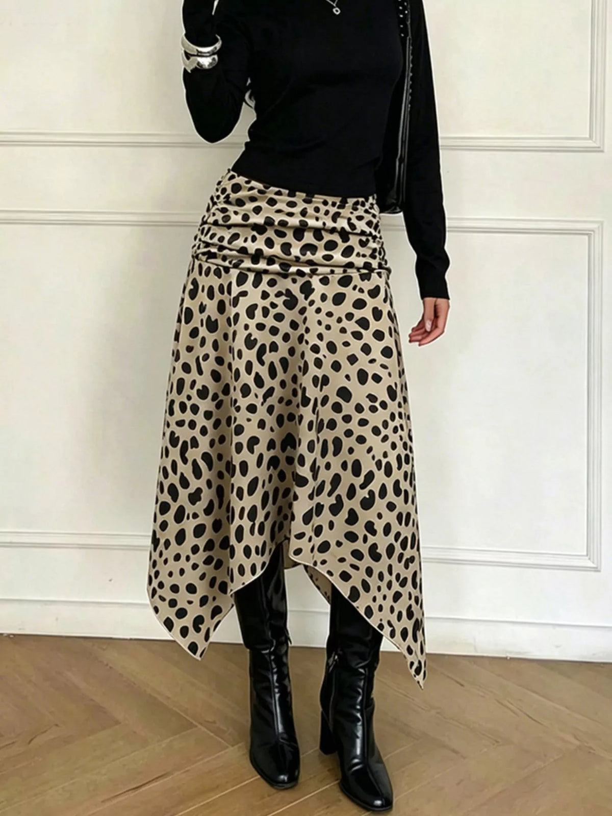 Leopard Print Asymmetrical Hem Midi Skirt in Khaki