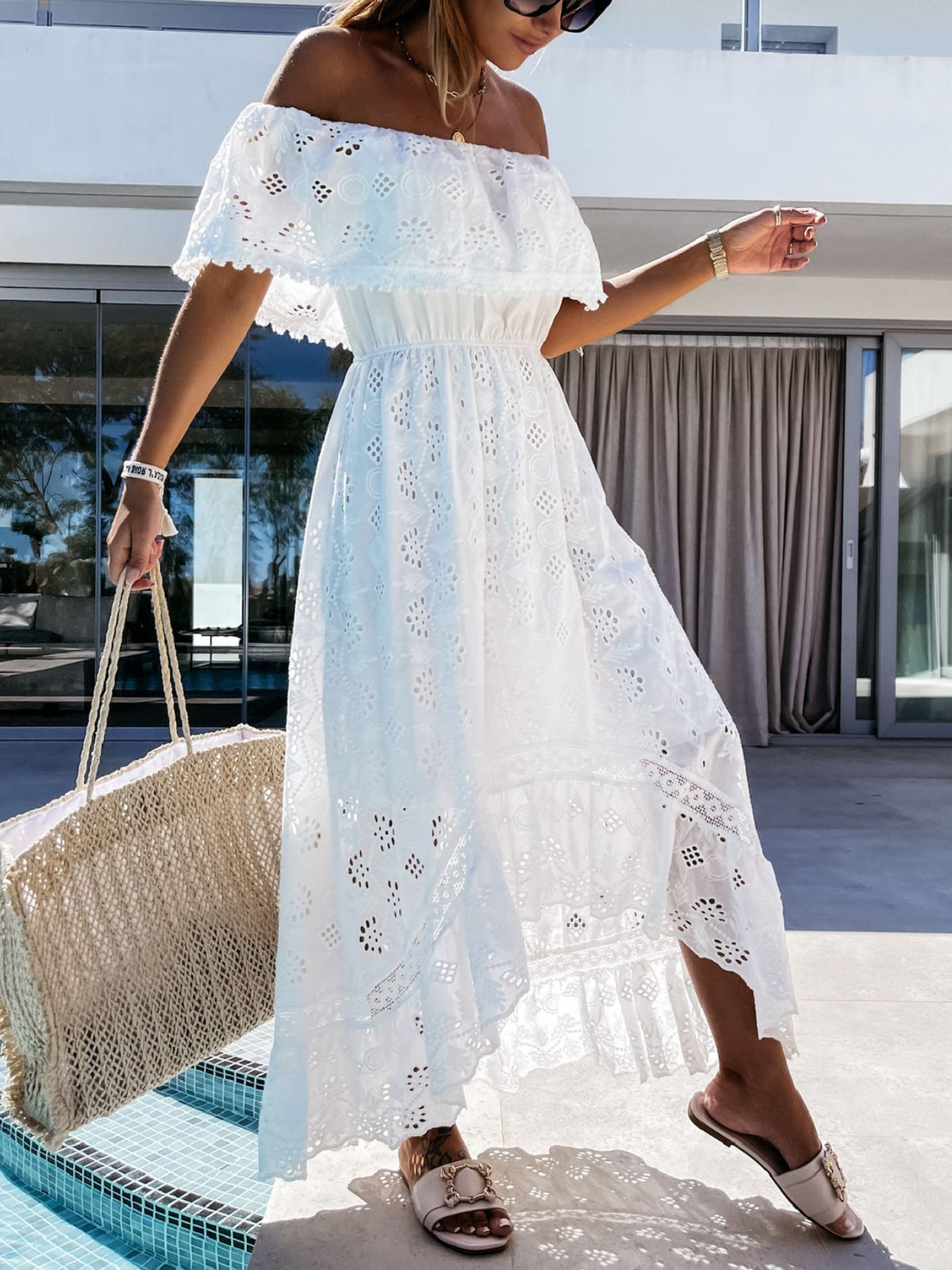 Off-Shoulder Eyelet Lace High-Low Maxi Dress in White