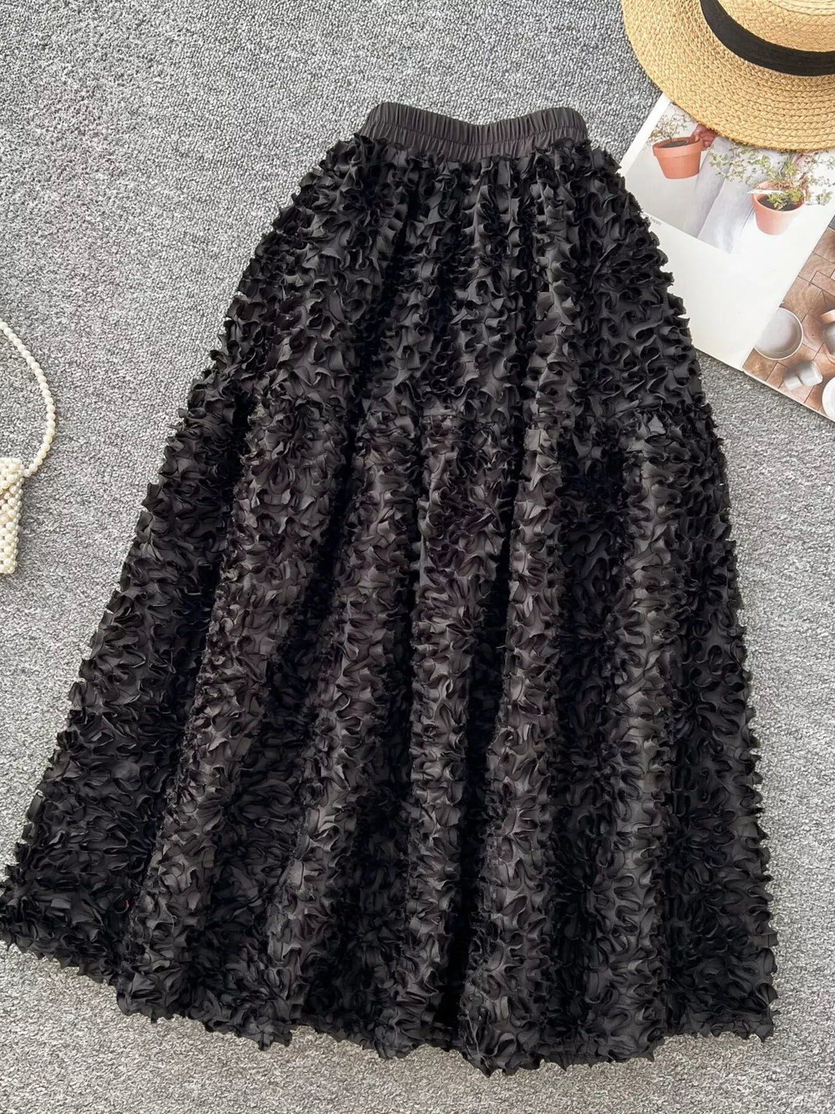 3D Lace Trim High-Waist A-Line Midi Skirt