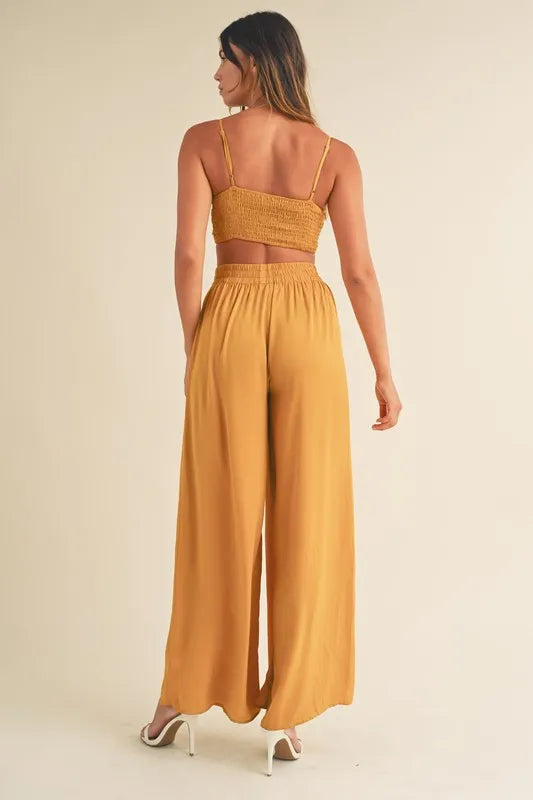 Smocked Bralette Crop Top & Wide Leg Pants Set in Gold Mustard
