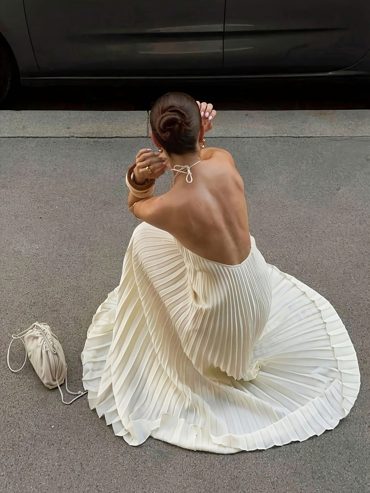 Pleated Halter Neck Maxi Dress