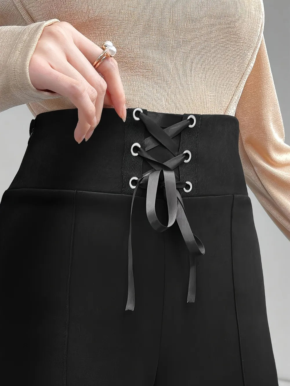 Lace-Up Slit Bootcut Pants in Black
