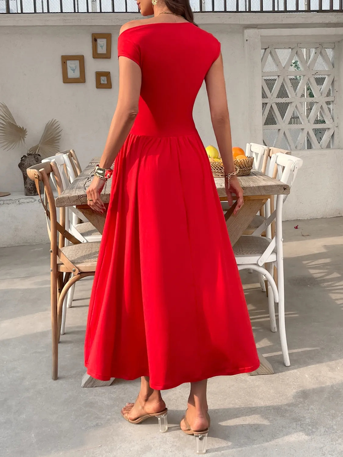 Single Shoulder Midi Dress with Pockets