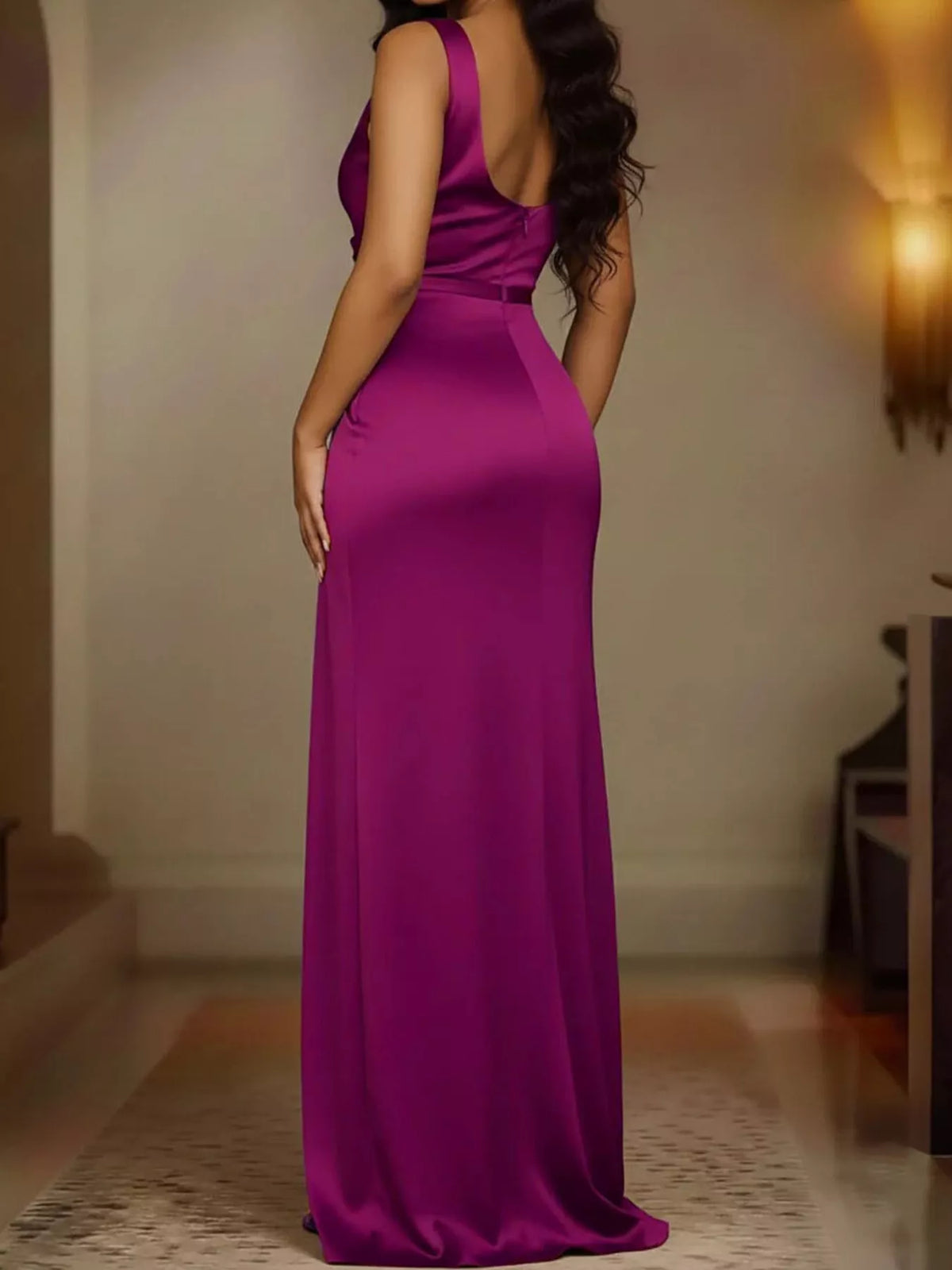 Satin Cowl Neck High Slit Evening Maxi Dress in Royal Blue