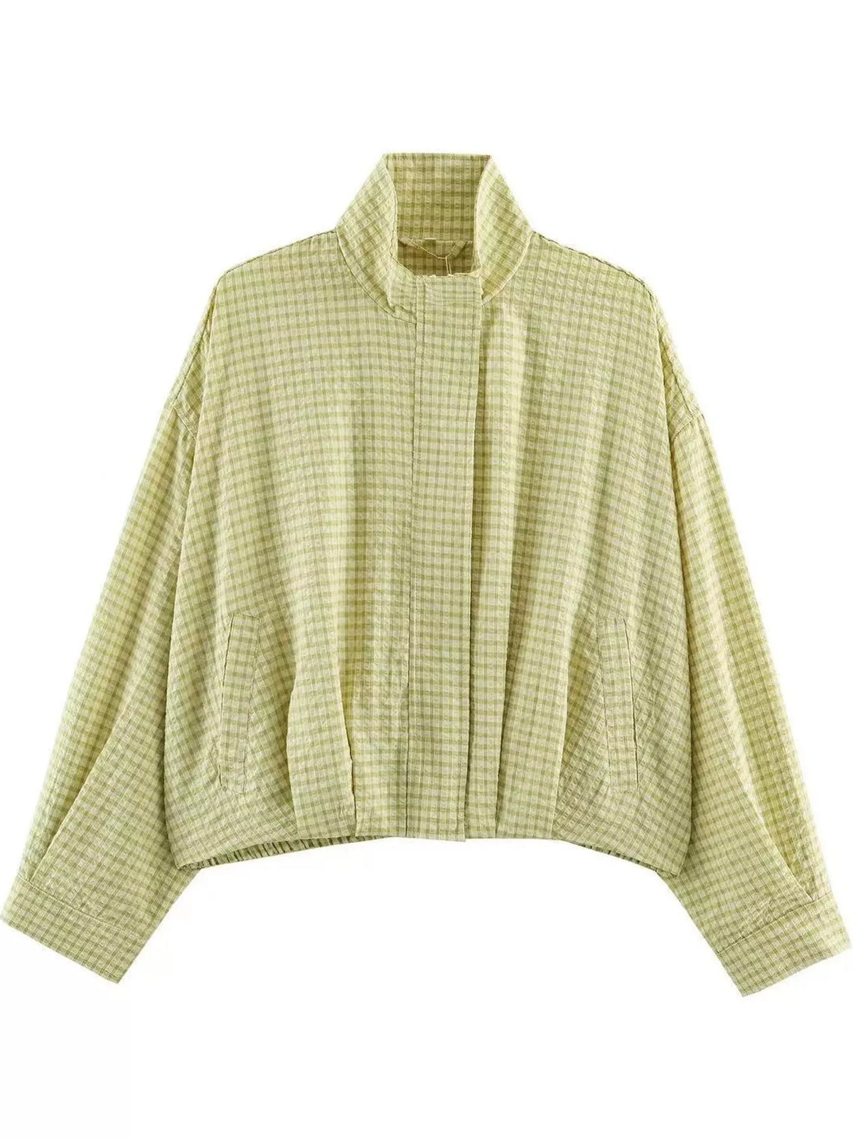 Plaid Stand-Collar Cropped Jacket