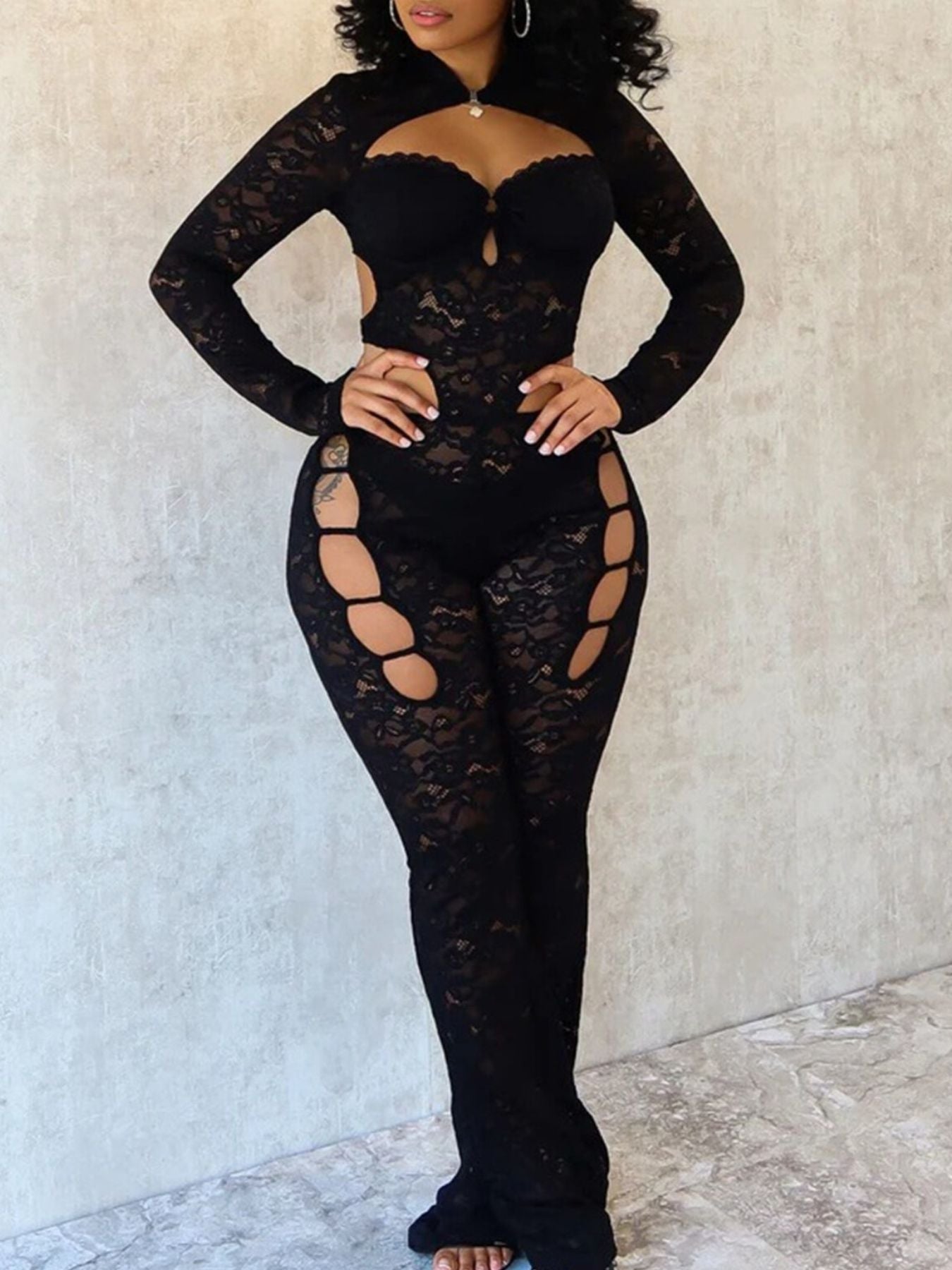Lace Hollow-Out Long Sleeve Jumpsuit in Black