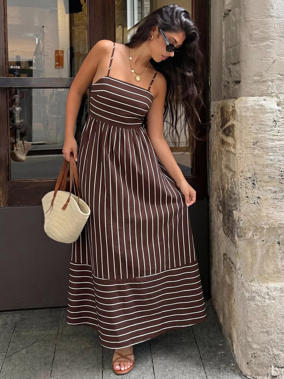 Striped Spaghetti Strap Maxi Dress with Cutout